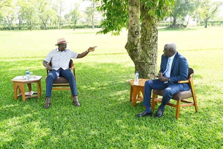 President William Ruto chats with outgoing AUC chair Moussa Faki at his home in Kilgoris, Narok County