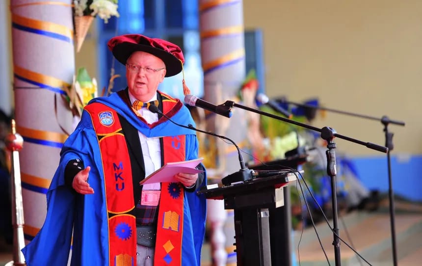 Mount Kenya University (MKU) Chancellor, Prof John Struthers during a past graduation ceremony