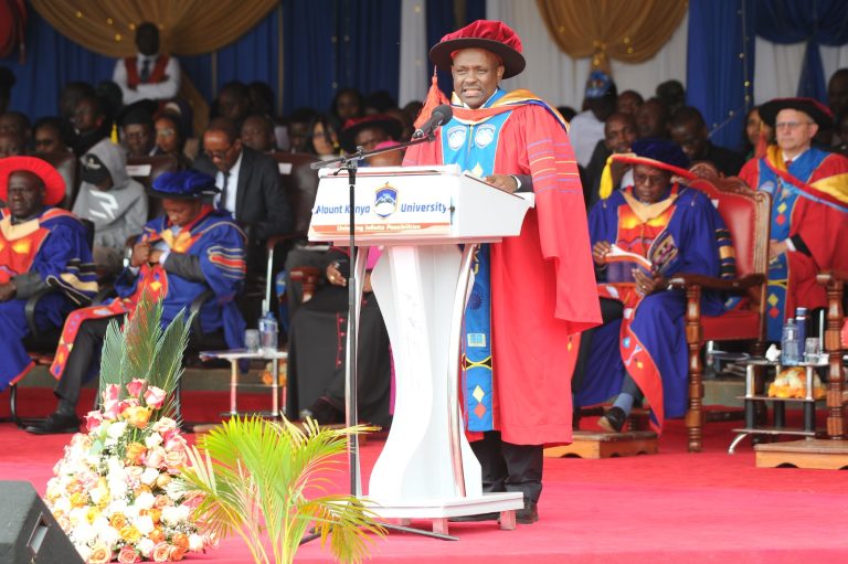 Dr. Tonny Omwansa, Chief Executive Officer of the Kenya National Innovation Agency (KeNIA), delivers his speech during Mount Kenya University’s 27th graduation ceremony at the Happy Valley Grounds in Thika.